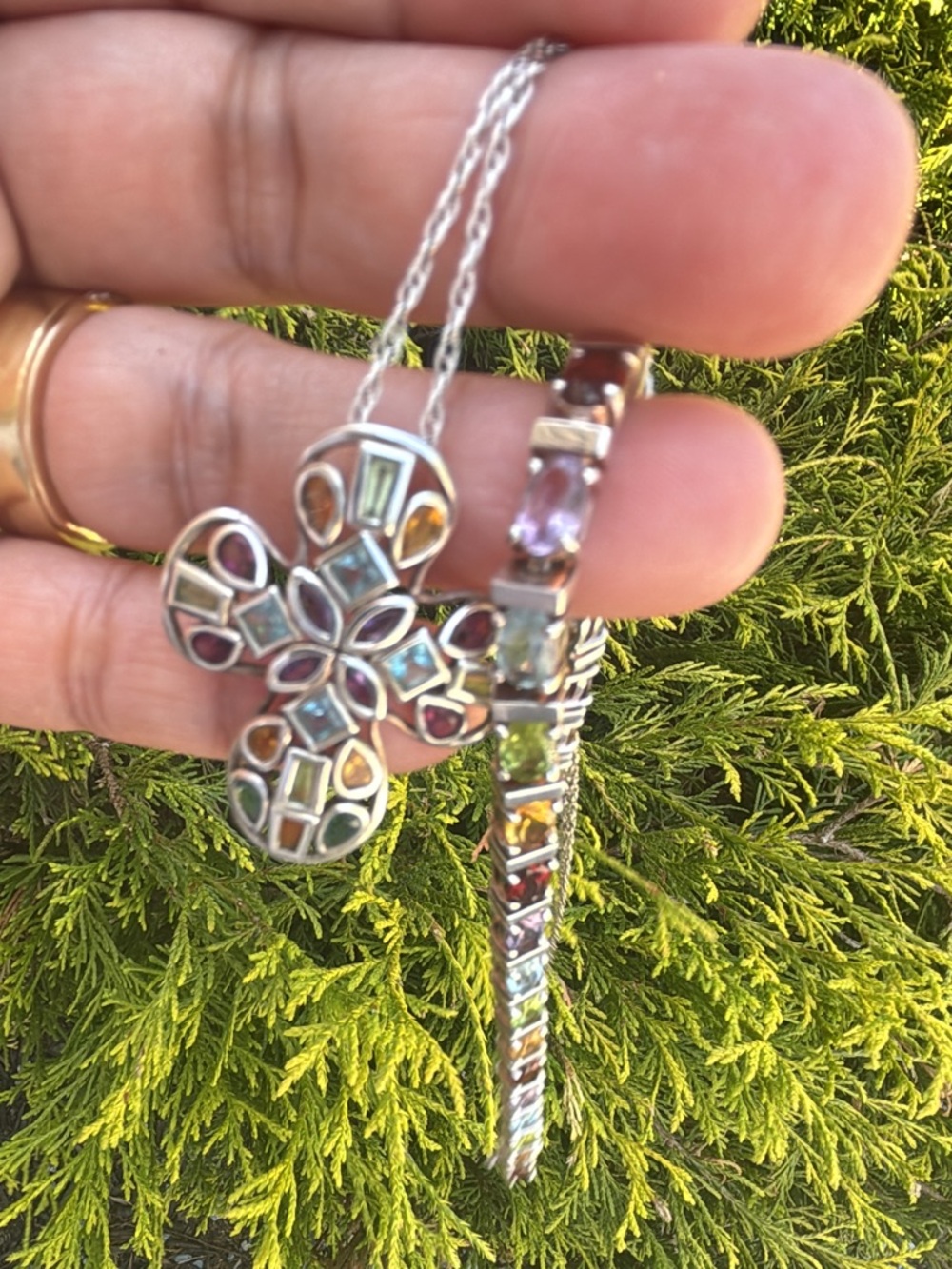 Multi Gemstone Cross Pendant, Bracelet with 18” Dainty Necklace